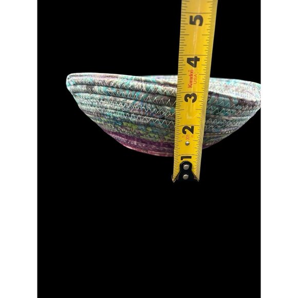 Handmade Woven Fabric Coil Rope Basket Purple Blue Multicolor 8"x3" Boho Decor - Picture 5 of 8